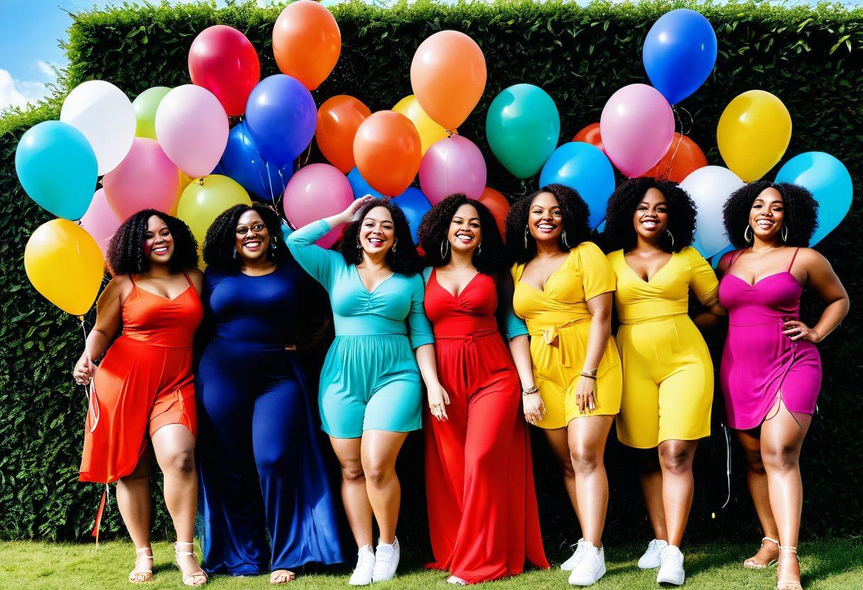 A confident diverse group of women of various body shapes and sizes joyfully celebrating together in a colorful outdoor setting. They are showcasing their unique curves and embracing body positivity, wearing vibrant, stylish outfits. The background features a bright blue sky, greenery, and uplifting decorations like balloons and banners that promote self-love. The scene radiates happiness and empowerment, inviting viewers to celebrate their own bodies. vibrant colors. super-realistic. lively environment.