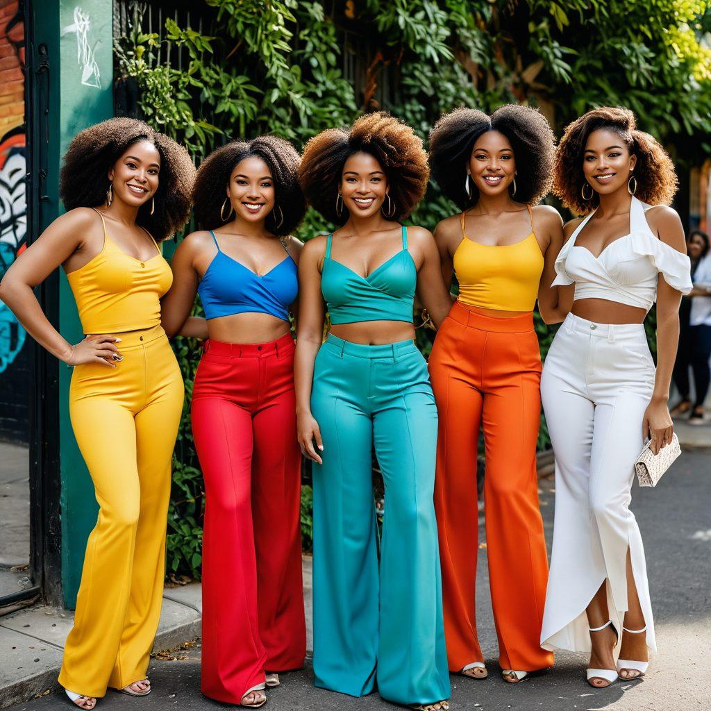 A stylish group of diverse models confidently showcasing vibrant, curve-hugging outfits in a dynamic city setting. The background features colorful street art and greenery, symbolizing inclusivity. The models represent various ethnicities and body types, engaged in fun poses with radiant smiles. Soft, warm sunlight casts an inviting glow over this celebration of fashion and diversity. vibrant colors. super-realistic.