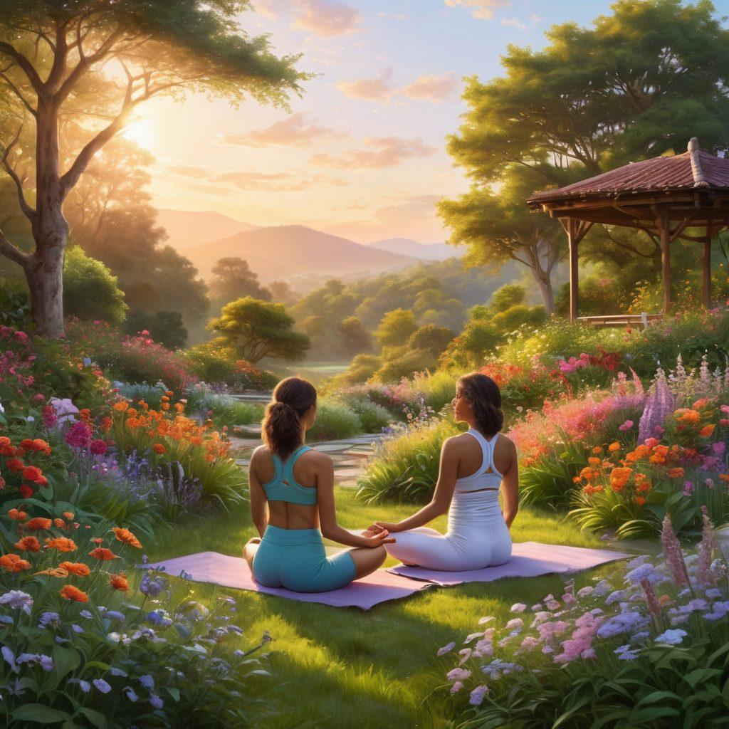 A serene landscape featuring a diverse group of people engaging in self-care activities, such as yoga, meditation, and journaling, surrounded by lush greenery and blooming flowers. The sun rises in the background, symbolizing a new beginning and body acceptance. Include soft pastel colors and gentle light to evoke a sense of tranquility and fulfillment. super-realistic. vibrant colors. nature backdrop.